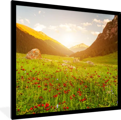 Produktbild von MuchoWow® Gerahmtes Poster Blumen - Berg - Sonne 40x40 cm - Poster mit Schwarzem Bilderrahmen Wandposter Rahmen Foto Bilder - Mit Rahmen - Wanddekoration Schlafzimmer