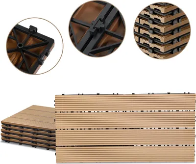 Obrázok produktu pre Izrielar 30-dielna sada terasových dlaždíc WPC, 4 lamely, 30 × 60 cm, klikový systém, kompozitný materiál z dreva a plastu v teakovom vzhľade