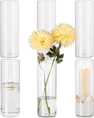 Produktbild von Glaszylinder Vasen Set von 6 - 25 cm - Transparentes Glas - Große Kaarshouder für Säulenkerzen - Runde Blumenvasen für Hochzeitstische - Tischdekoration