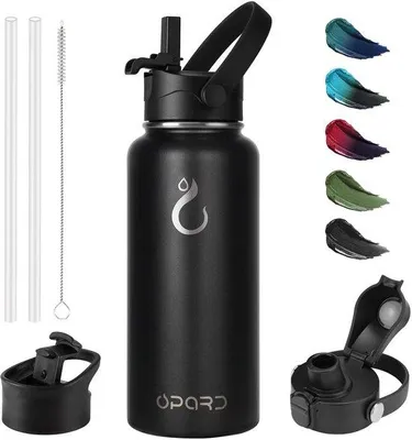 Image de Bouteille isotherme en acier inoxydable 1 L, 3 couvercles, isolation sous vide, adaptée au sport