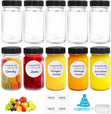 Zdjęcie produktu dla Szklane butelki 60 ml - butelki z zakrętkami - mini butelki - butelki wielokrotnego użytku - szczelne butelki - zestaw 10 sztuk z etykietami i lejkami - butelki do napełniania