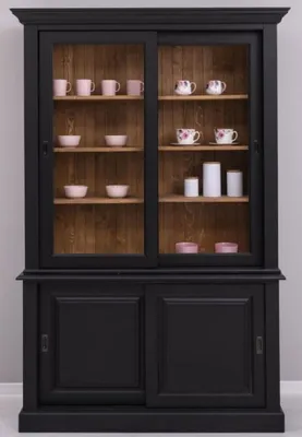 Produktbild von Casa Padrino Landhausstil Esszimmerschrank Schwarz / Braun 141 x 48 x H. 212 cm - Massivholz Schrank mit 4 Schiebetüren - Landhausstil Massivholz Esszimmer Möbel