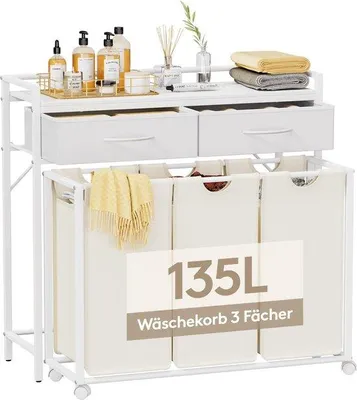 Produktbild von Große Wäschewanne 135L mit 3 Fächern, weiß und beige, auf Rädern