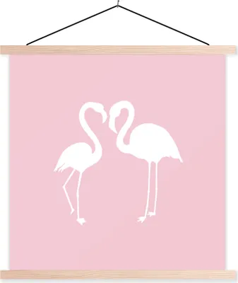 Produktbild von MuchoWow® Textilposter Flamingo - Vogel - Weiß - Zeichnung 60x60 cm mit holzfarbenen Rahmen - Wanddekoration