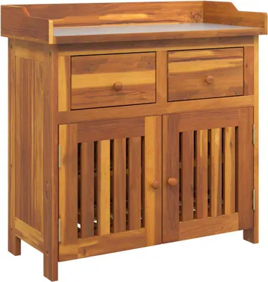 A wooden cabinet with two drawers and two doors.