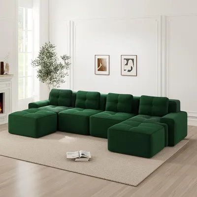 Image de Canapé Cloud en velours côtelé, forme en U, canapé modulable sans structure, 4 places, assise profonde, 382 x 177 x 69 cm, vert
