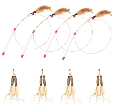 Immagine prodotto di Set di 4 canne da pesca per gatti con piume e campanello, giocattolo interattivo per gatti, 90 cm