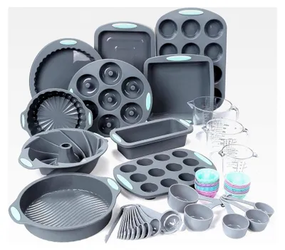 Produktbild von 54-teiliges Silikon-Backformen Set, 10 Silikon-Kuchenformen, Brotbackform und Muffinformen, Antihaft-Backform, inklusive Messbecher und Löffel Set, grau