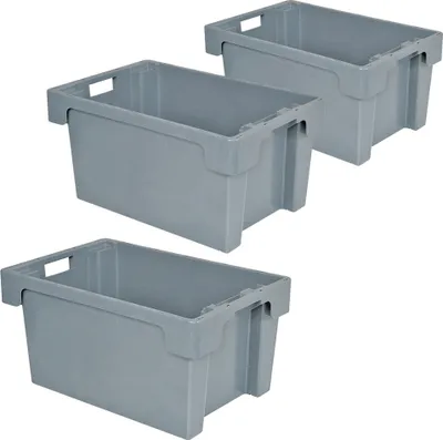 Three gray plastic storage bins are stacked and arranged in a diagonal formation against a white background.