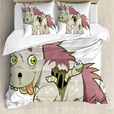 Produktbild von ABAKUHAUS Zombie Bettbezug, Das Böse Einhorn-Mythos, Milbensicher Allergiker geeignet mit Kissenbezügen, 155 cm x 220 cm - 80 x 80 cm, Grüne Getrocknete Rose