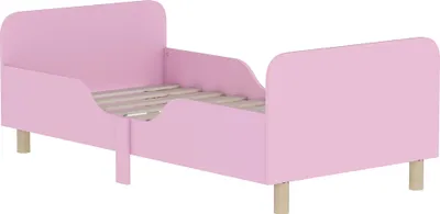 A pink children's bed with a wooden slatted base and wooden legs, shown from a side-angle against a white background.