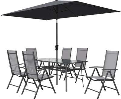 Zdjęcie produktu dla NATERIAL - Zestaw mebli OVION - tafla 168X88X73 cm - 6 klap - 1 parasol 293X300 cm - Aluminium - Stal - Szkło - Textilene - Antraciet - Tuinmeubelen