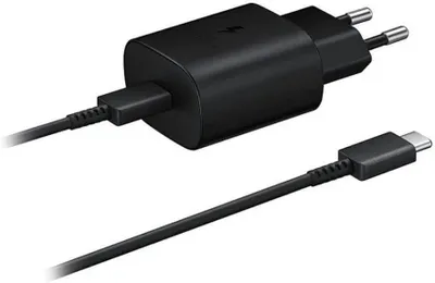A black Samsung fast charger with a USB-C cable.