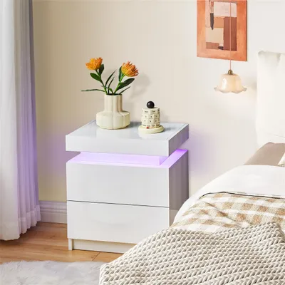 Image de Table de nuit CLIPOP avec LED RGB, 2 tiroirs, table d'appoint en bois pour chambre à coucher, blanc