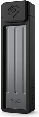 A studio shot of a black and grey Seagate SSD external hard drive.