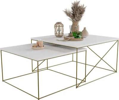 Zdjęcie produktu dla Zestaw Kwadratowych Stolików Kawowych 2w1 Salon Loft Złoty+Biały Mat