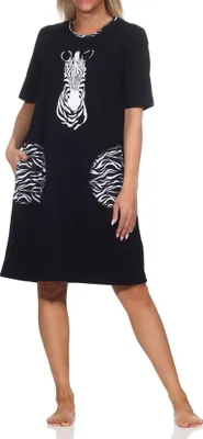 Obrázek produktu pro Normann dámská noční košile s krátkým rukávem, zvířecím motivem a kapsami s nášivkami - také v plus size velikosti ; černá , 36