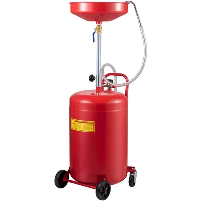 A red oil drain tank with a funnel and hose, on a white background.