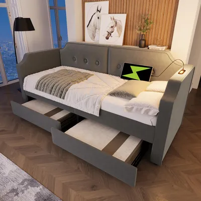 Productafbeelding van Polsterbed met slaapbank, leeslamp en USB-C aansluiting, 90x200 cm, grijs - 2 opbergladen - Geïntegreerde laadpoorten - Fluweelbekleding
