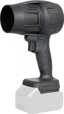 A black and gray cordless blower with a battery pack attached.