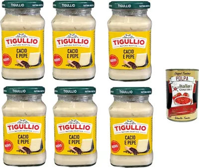 Produktbild von 6x Star Tigullio sugo Cacio und Pepe -Sauce mit Pecorino Romano Dop creme 185g + Italian Gourmet polpa 400g