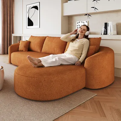 Immagine prodotto di Divano angolare MODFU a forma di L, divano modulare componibile con due posti e chaise longue a destra, dimensioni 266 x 168 x 85 cm. Divano senza necessità di montaggio, divano letto per soggiorno, colore arancione