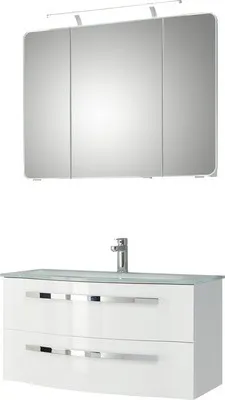 Produktbild von Pelipal Badmöbel-Set Xpressline 4005 BxHxT 92 x 122 x 49 cm Frontfarbe weiß hochglanz mit Waschtisch Glas weiß und Wasch
