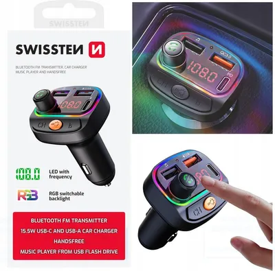 Zdjęcie produktu dla Swissten, nadajnik FM Bluetooth 5.3 Szybkie ładowanie 15,5 W RGB MP3, czarny