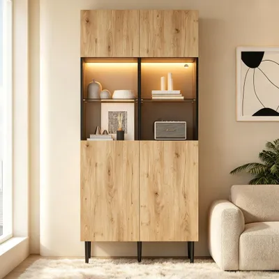 Produktbild von Moderner Hochschrank mit 10 Staufächern und Glastüren,LED-Beleuchtung - 80*.35*180cm(B/H/T),Hochschränke fürs Wohnzimmer