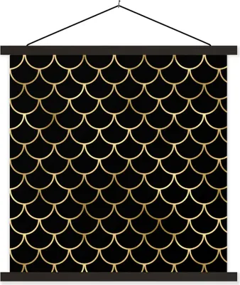 Produktbild von MuchoWow® Textilposter Muster - Fisch - Gold - Schwarz 40x40 cm mit schwarzem Rahmen - Fotos