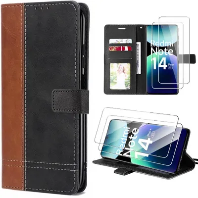 Image de Coque + 2 Verres Trempés pour Xiaomi Redmi Note 14 Pro Plus 5G, Protection Antichoc Synthécuir Marron