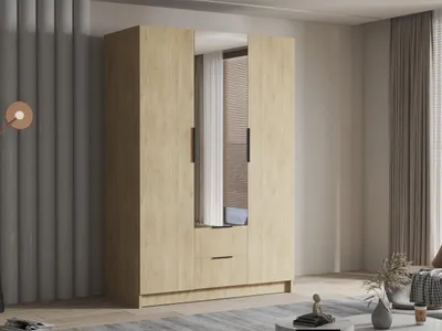 Produktbild von MIRJAN24 Kleiderschrank Calwi II 150, Schlafzimmer, mit Spiegel, Drehtürenschrank, mit Kleiderstange, Modern, Garderobenschrank, Metallgriffe (Farbe: Eiche Cremone + Schwarz)