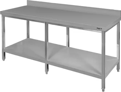 Zdjęcie produktu dla Kuchenny stół roboczy gastronomiczny ze stali nierdzewnej przyścienny z półką i 6 nogami Mega-M 180x80x85 cm