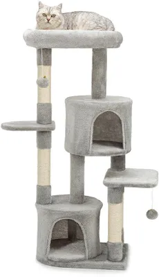Immagine prodotto di Ibenzoa® Albero per gatti, 115 cm – Rivestimento in peluche, 3 piattaforme, 2 tane, 4 colonne in sisal, 2 palline appese, base stabile 45 x 32 cm, supporto da parete