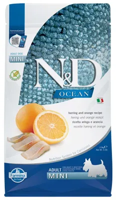Obrázek produktu pro Farmina Pet Food N&D Ocean Herring & Orange, Dospělý jedinec, Malý (5-10 kilogramů), Sleď, 2,5 kg