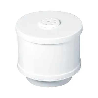 A white cylindrical water filter with a perforated disc on top, isolated on a white background.