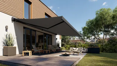 Produktbild von 5x3m Vollkassettenmarkise Grau SP1307EML mit Motor und LED Beleuchtung SPD016