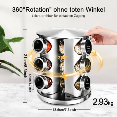 Obrázek produktu pro Otočné regál na koření – 12 skleněných nádob – objem 100 ml – vzduchotěsné – otočné o 360° – nerezová ocel – s víčky a štítky