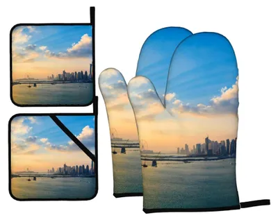 Produktbild von Ofenhandschuhe und Topflappen Set New York im Sonnenuntergang, 4 rutschfeste Grillhandschuhe, Küchenhandschuhe, hitzebeständig für Küche, Kochen, Backen, Grillen