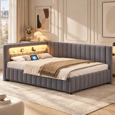 Zdjęcie produktu dla Łóżko tapicerowane INONEFT, rozkładane na sofę, 140x200 cm, łóżko dziecięce z zagłówkiem z oświetleniem LED i funkcją ładowania USB, łóżko młodzieżowe z elastycznym stelażem, aksamit, ciemnoszary
