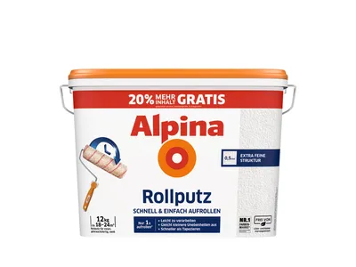 A white bucket of Alpina Rollputz with an orange lid, shown against a white background.