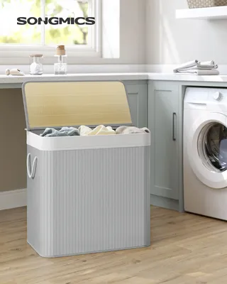 Produktbild von SONGMICS Wäschekorb, mit Deckel und Griffen, aus Bambus, 3 Fächern, 150 L, grau