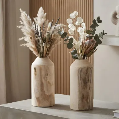 Immagine prodotto di Set di 2 vasi in legno per fiori secchi, altezza 25 cm, vasi in legno naturale, decorazioni per la tavola, vasi da tavolo, elementi decorativi per la casa