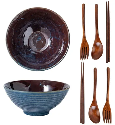 Ramen-Kom-Set 1200 ml, Keramik, 20 cm, rot-blau