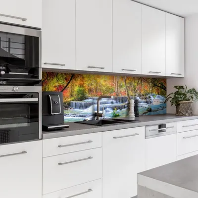 Produktbild von Dedeco Küchenrückwand Motiv: Wasserfall V1, 5mm Hartschaum Kunststoffplatte PVC als Spritzschutz Küchenwand Wandschutz wasserfest, inkl. UV-Lack glänzend, alle Untergründe, 240 x 60 cm