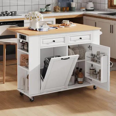 Produktbild von Kücheninsel mit Rollen, Ausziehbarer Esstisch, Kücheninsel mit Abfallbehälterfach und Handtuchhalter, Mobile Servierwagen mit Steckdosenleisten, Ideal für Küche und Esszimmer (Weiß)