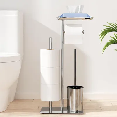 Produktbild von Toilettenpapierhalter stehend silber mit Bürste - Toilettenpapierhalter stehend mit Toilettenbürste, WC-Set mit Toilettenpapierhalter, Ablage und Toilettenbürste