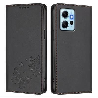 Produktbild von Lederhülle für Xiaomi Redmi Note 12 4G, Schmetterling Prägung Leder Brieftasche Schutzhülle mit Ständer Schwarz