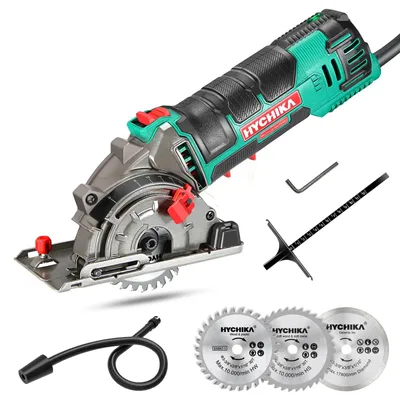 Produktbild von HYCHIKA Mini Kreissäge, Handkreissäge mit 3 Sägeblättern, Skalenlineal, 500W Mot