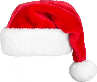 A classic red and white Santa hat is shown against a white background.